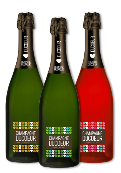Capturing the essence of Ducoeur, an isolated image showcases three distinct Champagne bottles – the Brut, the Rosé, and the Blanc de Blancs. Authentic and natural Champagne.